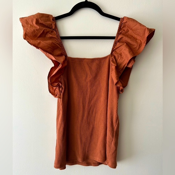 A New Day, ruffle sleeve ribbed tank in Carmel/brown - Picture 2 of 3